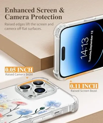 GVIEWIN iPhone 14 Pro Max Kılıf Çiçekli, Ekran Koruyucu ve Kamera Lens Koruyucu ile,[Sararmaz] Kadınlar için Yumuşak Darbeye Dayanıklı Şeffaf Telefon Koruyucu Kapak, Çiçek Desenli 6.7