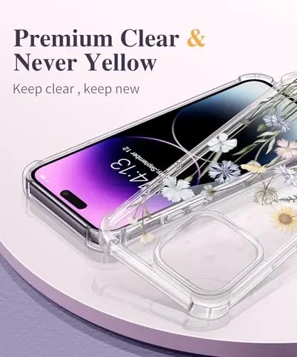 GVIEWIN iPhone 14 Pro Max Kılıf Çiçekli, Ekran Koruyucu ve Kamera Lens Koruyuculu, [Sararma Yapmaz] Kadınlar için Yumuşak Darbeye Dayanıklı Şeffaf Telefon Koruyucu Kapak, Çiçek Desenli 6.7