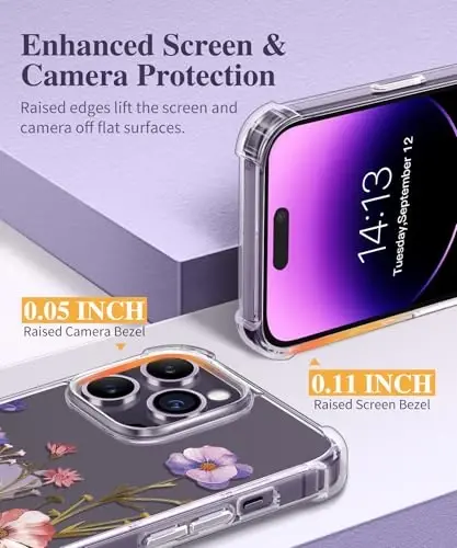 GVIEWIN iPhone 14 Pro Max Kılıf Çiçekli, Ekran Koruyucu ve Kamera Lens Koruyuculu, [Sararma Yapmaz] Kadınlar için Yumuşak Darbeye Dayanıklı Şeffaf Telefon Koruyucu Kılıf, Çiçek Desenli 6.7