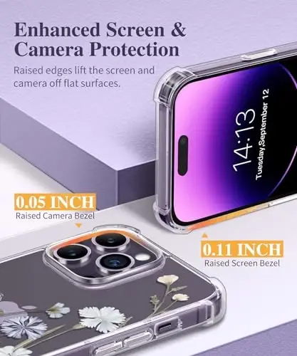 GVIEWIN iPhone 14 Pro Max uchun g'ilof, gulli dizayn, ekran va kamera himoyasi bilan, [sarg'aymaydigan] yumshoq zarbaga chidamli shaffof ayollar uchun g'ilof, gul naqshli 6.7 dyuym (Jonli bahor) - 5