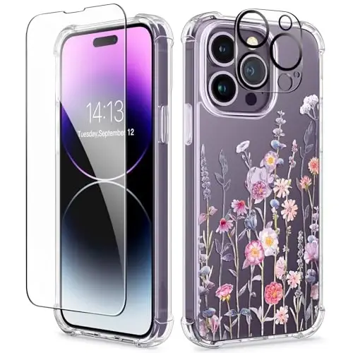 GVIEWIN iPhone 14 Pro uchun g'ilof gulli, ekran himoyachisi va kamera linzalari himoyachisi bilan, [sarg'aymaydigan] ayollar uchun nozik zarbaga chidamli shaffof telefon himoya qopqog'i, gul naqshli dizayn 6.1