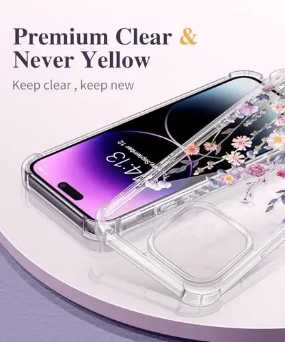 GVIEWIN iPhone 14 Pro uchun g'ilof gulli, ekran himoyachisi va kamera linzalari himoyachisi bilan, [sarg'aymaydigan] ayollar uchun nozik zarbaga chidamli shaffof telefon himoya qopqog'i, gul naqshli dizayn 6.1