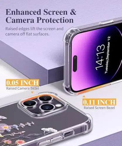 GVIEWIN iPhone 14 Pro uchun g'ilof gulli, ekran himoyachisi va kamera linzalari himoyachisi bilan, [sarg'aymaydigan] ayollar uchun nozik zarbaga chidamli shaffof telefon himoya qopqog'i, gul naqshli dizayn 6.1