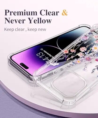 GVIEWIN for iPhone 14 Pro Case Floral, with Screen Protector&Camera Lens Protector,[Non Yellowing]Slim Shockproof Clear Phone Protective Cover for Women,Flower Pattern Design 6.1