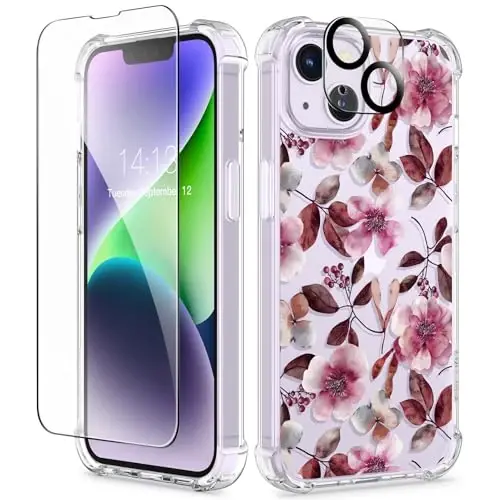 GVIEWIN iPhone 14 uchun g'ilof, gul naqshli, ekran himoyachisi va kamera linzalari himoyachisi bilan, [sarg'aymaydigan] ayollar uchun yumshoq zarbaga chidamli shaffof himoya g'ilofi, gul naqshli dizayn 6.1