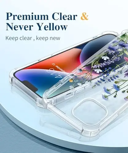 GVIEWIN iPhone 14 uchun gul naqshli g'ilof, ekran va kamera himoyachisi bilan, [sarg'aymaydigan] yumshoq zarbaga chidamli shaffof ayollar uchun g'ilof, gul naqshli dizayn 6.1