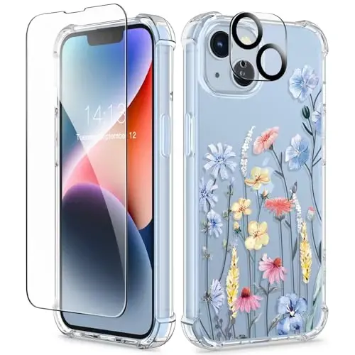 GVIEWIN iPhone 14 uchun gul naqshli g‘ilof, ekran va kamera linzalari himoyachisi bilan, [sarg‘aymaydigan] ayollar uchun yumshoq, zarbaga chidamli shaffof himoya g‘ilofi 6.1