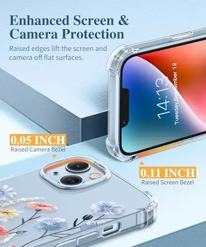GVIEWIN iPhone 14 uchun gul naqshli g‘ilof, ekran va kamera linzalari himoyachisi bilan, [sarg‘aymaydigan] ayollar uchun yumshoq, zarbaga chidamli shaffof himoya g‘ilofi 6.1