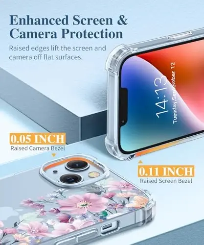 GVIEWIN iPhone 14 uchun gul naqshli gʻilof, ekran va kamera linzalari himoyasi bilan, [sargʻaymaydigan] ayollar uchun yumshoq, zarbaga chidamli shaffof telefon himoya gʻilofi, 6,1 dyuym (Anemon gullari/Pushti) - 5