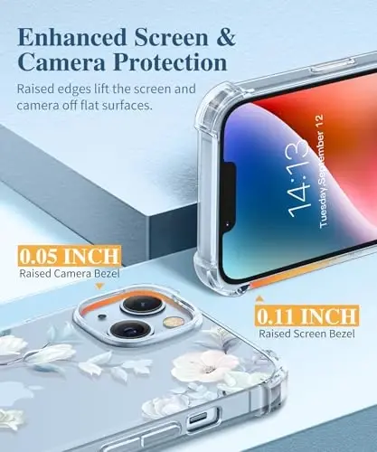 GVIEWIN iPhone 14 uchun gul naqshli g'ilof, ekran va kamera linzalari uchun himoya plyonkasi bilan, [sarg'aymaydigan] yumshoq zarbaga chidamli shaffof telefon himoya g'ilofi, ayollar uchun, gul dizayni 6.1
