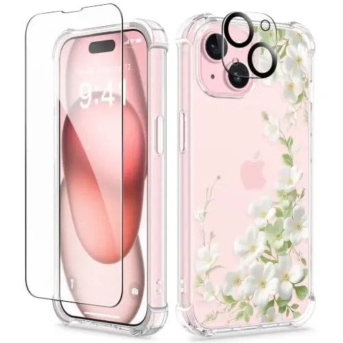 GVIEWIN iPhone 15 Guli Qopqoqli G‘ilof, Ekran Himoyachisi va Kamera Linza Himoyachisi Bilan,[Sarg‘aymaydigan] Ayollar Uchun Yumshoq Zarbaga Chidamli Tiniq Telefon Himoya Qoplami, Gul Naqshli Dizayn 6.1