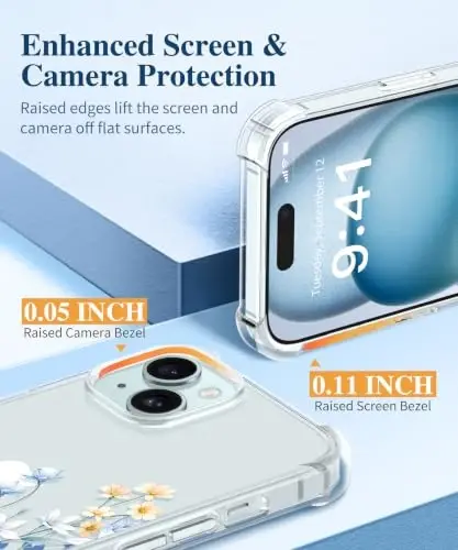GVIEWIN iPhone 15 Gülli Ғилофи, Экрани Ҳимоячиси ва Камера Линзаси Ҳимоячиси Билан,[Сариққа Айланмайди] Аёллар Учун Юмшоқ Зарбага Чидамли Шаффоф Телефон Ҳимоя Қобиғи, Гул Нақшли Дизайн 6.1