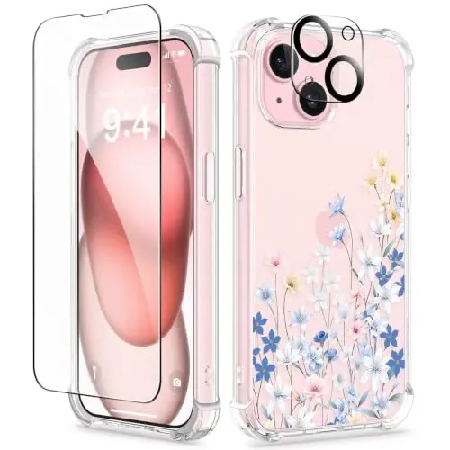GVIEWIN iPhone 15 Gülli Ғилофи, Экрани Ҳимоячиси ва Камера Линзаси Ҳимоячиси Билан,[Сариққа Айланмайди] Аёллар Учун Юмшоқ Зарбага Чидамли Шаффоф Телефон Ҳимоя Қобиғи, Гул Нақшли Дизайн 6.1