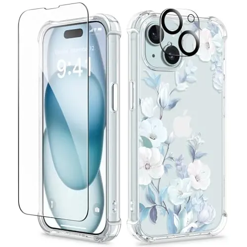 GVIEWIN iPhone 15 Kılıf Çiçekli, Ekran Koruyucu ve Kamera Lens Koruyuculu, [Sararmaz] Yumuşak Darbeye Dayanıklı Şeffaf Telefon Koruyucu Kılıf, Kadınlar İçin Çiçek Desenli Tasarım 6.1