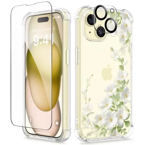 GVIEWIN iPhone 15 Plus Case Floral, with Screen Protector&Camera Lens Protector,[Non Yellowing] Soft Shockproof Clear Phone Protective Cover for Women, Flower Pattern Design 6.7