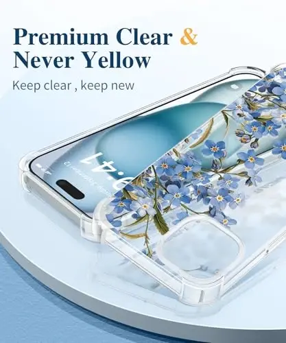 GVIEWIN iPhone 15 Plus g‘ilofi, gulli dizayn, ekran va kamera himoya oynasi bilan, [sarg‘aymaydigan] yumshoq zarbga chidamli shaffof ayollar uchun g‘ilof, gul naqshli 6.7 dyuym (Aconite/Blue) - 3