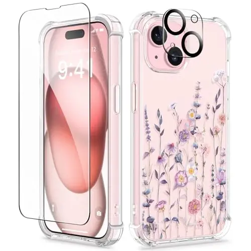GVIEWIN iPhone 15 Plus g‘ilofi gulli, ekran himoyachisi va kamera linza himoyachisi bilan, [sarg‘aymaydigan] ayollar uchun yumshoq zarbaga chidamli shaffof himoya g‘ilofi, gul naqshli 6.7