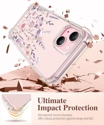 GVIEWIN iPhone 15 Plus g‘ilofi gulli, ekran himoyachisi va kamera linza himoyachisi bilan, [sarg‘aymaydigan] ayollar uchun yumshoq zarbaga chidamli shaffof himoya g‘ilofi, gul naqshli 6.7