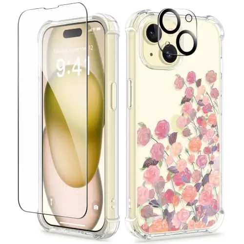 GVIEWIN iPhone 15 Plus Gulli Keysli G‘ilof, Ekran va Kamera Himoya Oynasi Bilan,[Sarg‘aymaydigan] Yumshoq Zarbga Chidamli Shaffof Telefon Himoya G‘ilofi Ayollar Uchun, Gul Naqshli Dizayn 6.7