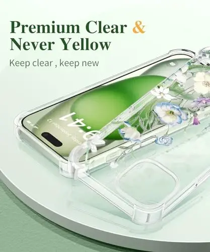 GVIEWIN iPhone 15 Plus Kılıf Çiçekli, Ekran Koruyucu ve Kamera Lens Koruyucu ile, [Sararma Yapmaz] Yumuşak Darbeye Dayanıklı Şeffaf Kadınlar İçin Koruyucu Telefon Kılıfı, Çiçek Desenli Tasarım 6.7