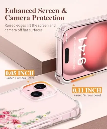 GVIEWIN iPhone 15 Plus Kılıf Çiçekli, Ekran Koruyucu ve Kamera Lens Koruyucu ile, [Sararmaz] Yumuşak Darbeye Dayanıklı Şeffaf Telefon Koruyucu Kılıf Kadınlar için, Çiçek Desenli Tasarım 6.7