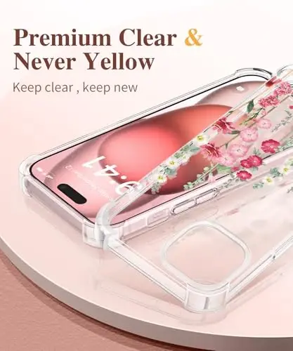 GVIEWIN iPhone 15 Plus uchun g'ilof, gul naqshli, ekran va kamera himoyasi bilan, [sarg'aymaydigan] yumshoq zarbaga chidamli shaffof g'ilof, ayollar uchun, gulli dizayn 6.7
