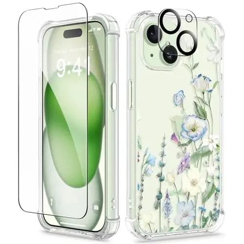 GVIEWIN iPhone 15 Plus uchun g'ilof, gul naqshli, ekran va kamera linzalari himoyachisi bilan, [sarg'aymaydigan] yumshoq zarbaga chidamli shaffof telefon himoya g'ilofi, ayollar uchun, gul dizayni 6.7