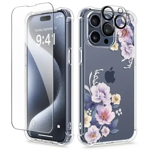 GVIEWIN iPhone 15 Pro g‘ilofi gulli, ekran himoyachisi va kamera linzalari himoyachisi bilan, [sarg‘aymaydigan] ayollar uchun ingichka zarbaga chidamli shaffof telefon himoya qopqog‘i, gul naqshli 6.1