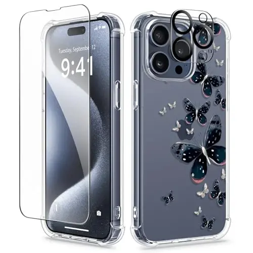 GVIEWIN iPhone 15 Pro g‘ilofi gulli, ekran himoyachisi va kamera linzalari himoyachisi bilan, [sarg‘aymaydigan] ingichka zarbaga chidamli shaffof telefon himoya g‘ilofi ayollar uchun, gulli naqshli dizayn 6.1