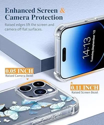 GVIEWIN iPhone 15 Pro g‘ilofi gulli, ekran himoyachisi va kamera linzalari himoyachisi bilan, [sarg‘aymaydigan] ingichka zarbaga chidamli shaffof telefon himoya qopqog‘i, ayollar uchun, gul naqshli dizayn 6.1
