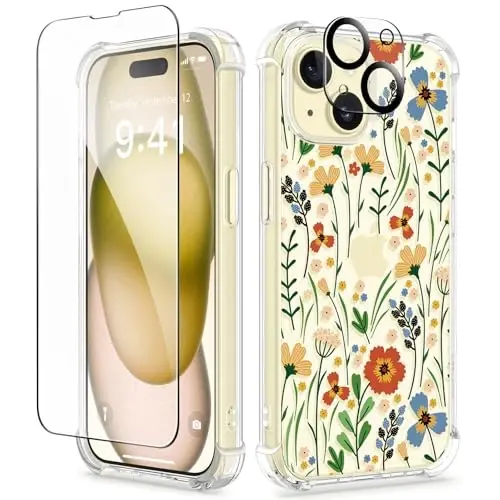 GVIEWIN iPhone 15 uchun g'ilof, gulli dizayn, ekran va kamera linzalari uchun himoya plyonkasi bilan, [sarg'aymaydigan] yumshoq zarbaga chidamli shaffof himoya g'ilofi, ayollar uchun, gul naqshli 6.1