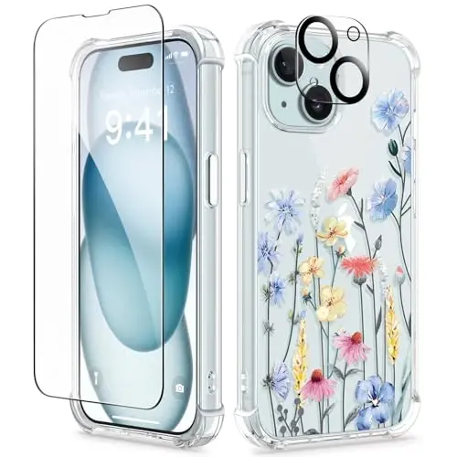 GVIEWIN iPhone 15 uchun g‘ilof, gulli, ekran va kamera linzalari uchun himoya oynasi bilan, [sarg‘aymaydigan] yumshoq zarbaga chidamli shaffof ayollar uchun telefon g‘ilofi, gul naqshli dizayn 6.1