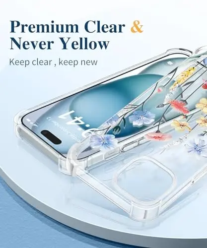 GVIEWIN iPhone 15 uchun g‘ilof, gulli, ekran va kamera linzalari uchun himoya oynasi bilan, [sarg‘aymaydigan] yumshoq zarbaga chidamli shaffof ayollar uchun telefon g‘ilofi, gul naqshli dizayn 6.1