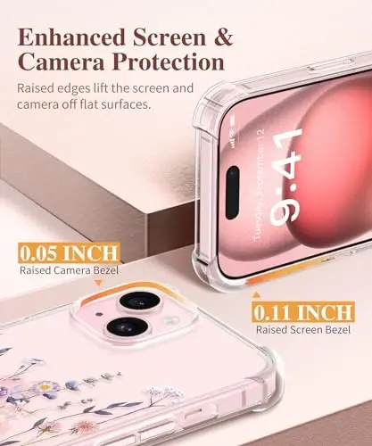 GVIEWIN iPhone 15 uchun gul naqshli g'ilof, ekran va kamera linzalari himoyachisi bilan, [sarg'aymaydigan] ayollar uchun yumshoq zarbaga chidamli shaffof himoya g'ilofi, gul naqshli dizayn 6.1