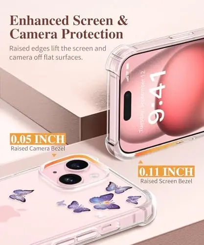 GVIEWIN iPhone 15 uchun gulli g‘ilof, ekran va kamera linzalari himoyachisi bilan, [sarg‘aymaydigan] ayollar uchun yumshoq, zarbaga chidamli shaffof himoya g‘ilofi, gul naqshli dizayn 6.1
