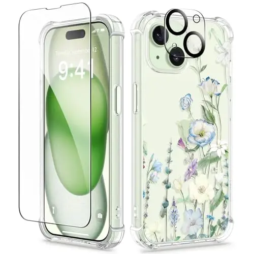 GVIEWIN iPhone 15 uchun gulli g‘ilof, ekran va kamera linzalari uchun himoya plyonkasi bilan, [sarg‘aymaydigan] ayollar uchun yumshoq, zarbaga chidamli shaffof g‘ilof, gul naqshli dizayn 6.1