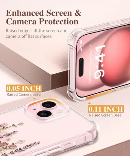 GVIEWIN iPhone 15 uchun gulli g‘ilof, ekran va kamera linzalari uchun himoya plyonkasi bilan, [sarg‘aymaydigan] ayollar uchun yumshoq, zarbaga chidamli shaffof g‘ilof, gulli dizayn 6.1