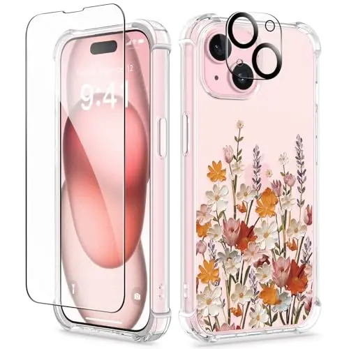 GVIEWIN iPhone 15 uchun gulli g‘ilof, ekran va kamera linzalari uchun himoya plyonkasi bilan, [sarg‘aymaydigan] ayollar uchun yumshoq, zarbaga chidamli shaffof g‘ilof, gulli dizayn 6.1
