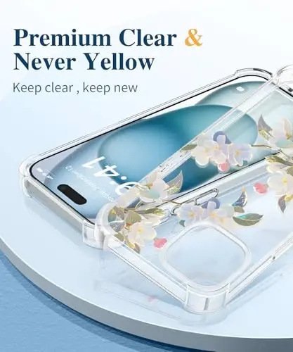 GVIEWIN iPhone 15 uchun gulli g‘ilof, ekran va kamera linzalari uchun himoya plyonkasi bilan, [sarg‘aymaydigan] ayollar uchun yumshoq, zarbaga chidamli shaffof himoya g‘ilofi, gul naqshli dizayn 6.1