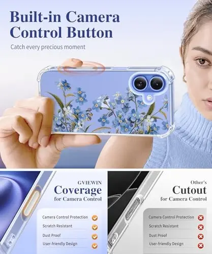 GVIEWIN iPhone 16 Plus Kılıf Çiçekli, Ekran Koruyucu ve Kamera Lens Koruyucu ile, [Sararma Yapmaz] Kadınlar için Yumuşak Darbe Emici Şeffaf Telefon Koruyucu Kılıf, Çiçek Desenli Tasarım 6.7