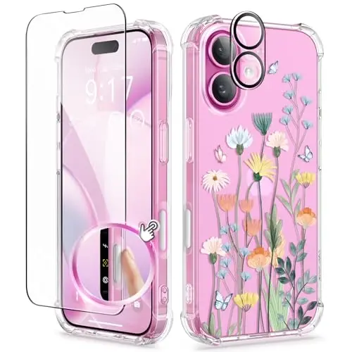 GVIEWIN for iPhone 16 Plus Case Floral, with Screen Protector&Camera Lens Protector,[Non Yellowing] Soft Shockproof Clear Phone Protective Cover Women, Flower Pattern Design 6.7