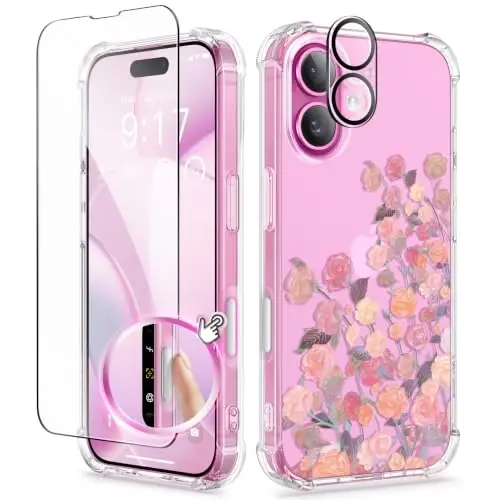 GVIEWIN for iPhone 16 Plus Case Floral, with Screen Protector&Camera Lens Protector,[Non Yellowing] Soft Shockproof Clear Phone Protective Cover Women, Flower Pattern Design 6.7