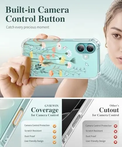 GVIEWIN for iPhone 16 Plus Case Floral, with Screen Protector&Camera Lens Protector,[Non Yellowing] Soft Shockproof Clear Phone Protective Cover Women, Flower Pattern Design 6.7