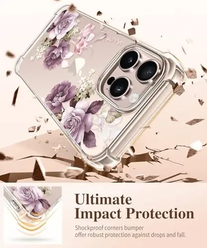GVIEWIN iPhone 16 Pro Kılıf Çiçekli, Ekran Koruyucu ve Kamera Lens Koruyucu ile, [Sararmaz] İnce Darbeye Dayanıklı Şeffaf Kadın Telefon Kılıfı, Çiçek Desenli 6.3