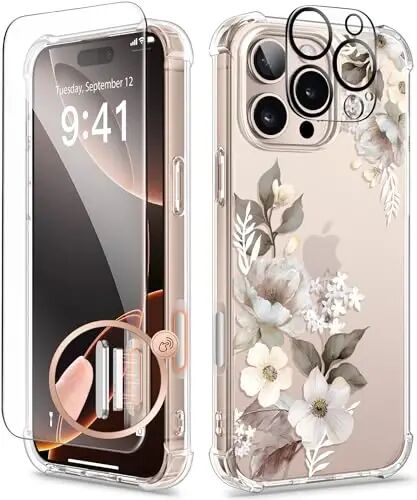 GVIEWIN iPhone 16 Pro Max Guli Kottej Qopqog‘i, Ekran Himoyachisi va Kamera Linza Himoyachisi Bilan,[Sarg‘aymaydigan] Yupqa Zarbaga Chidamli Shaffof Telefon Himoya Qoplami Ayollar Uchun, Gul Naqshli Dizayn 6.9