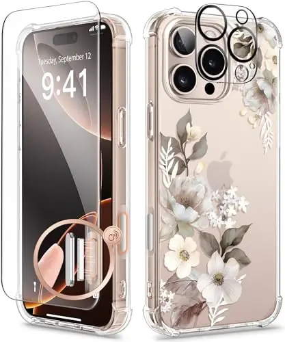 GVIEWIN iPhone 16 Pro Max Kılıf Çiçekli, Ekran Koruyucu ve Kamera Lens Koruyucu ile, [Sararmaz] İnce Darbeye Dayanıklı Şeffaf Telefon Koruyucu Kapak Kadınlar için, Çiçek Desenli Tasarım 6.9