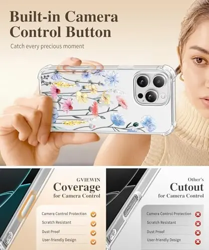GVIEWIN iPhone 16 Pro Max Kılıf Çiçekli, Ekran Koruyucu ve Kamera Lens Koruyuculu, [Sararmaz] İnce Darbeye Dayanıklı Şeffaf Kadınlar İçin Koruyucu Telefon Kılıfı, Çiçek Desenli 6.9
