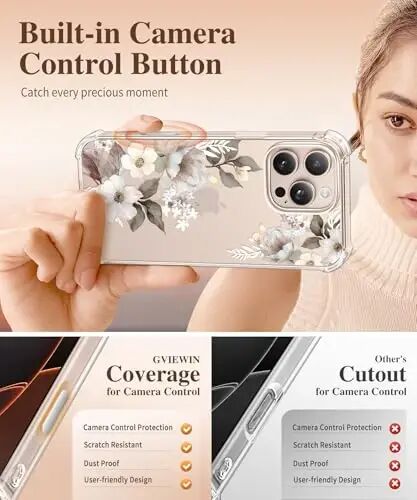 GVIEWIN for iPhone 16 Pro Max Case Floral, with Screen Protector&Camera Lens Protector,[Non Yellowing]Slim Shockproof Clear Phone Protective Cover for Women,Flower Pattern Design 6.9