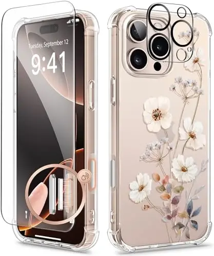 GVIEWIN iPhone 16 Pro Max uchun g'ilof, gulli dizayn, ekran va kamera himoyachisi bilan, [sarg'aymaydigan] ingichka zarbaga chidamli shaffof ayollar uchun g'ilof, gul naqshli 6.9 dyuym (Rockrose/Oq) 