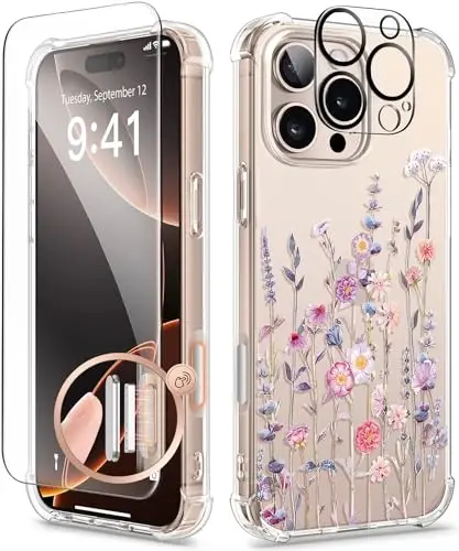 GVIEWIN iPhone 16 Pro Max uchun g‘ilof, gulli, ekran va kamera linzalari uchun himoya plyonkasi bilan, [sarg‘aymaydigan], ayollar uchun ingichka, zarbaga chidamli shaffof g‘ilof, gul naqshli 6,9